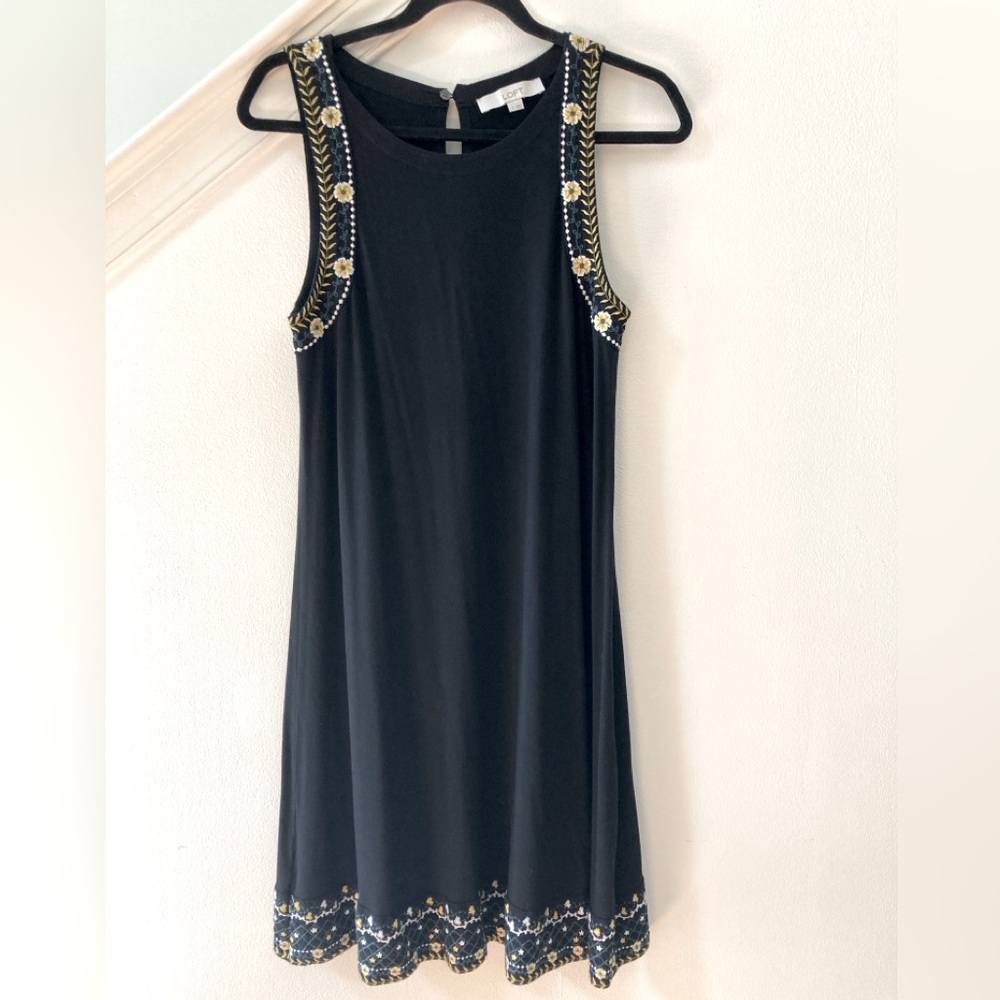 Loft Rayon Dress Black with Embroidered Yellow Floral Trim Small